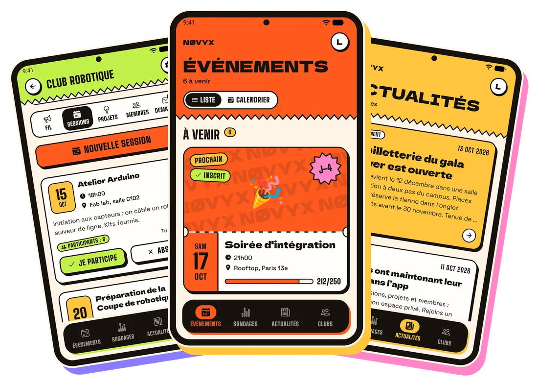 Aperçu de l'application NØVYX : clubs, événements et actualités